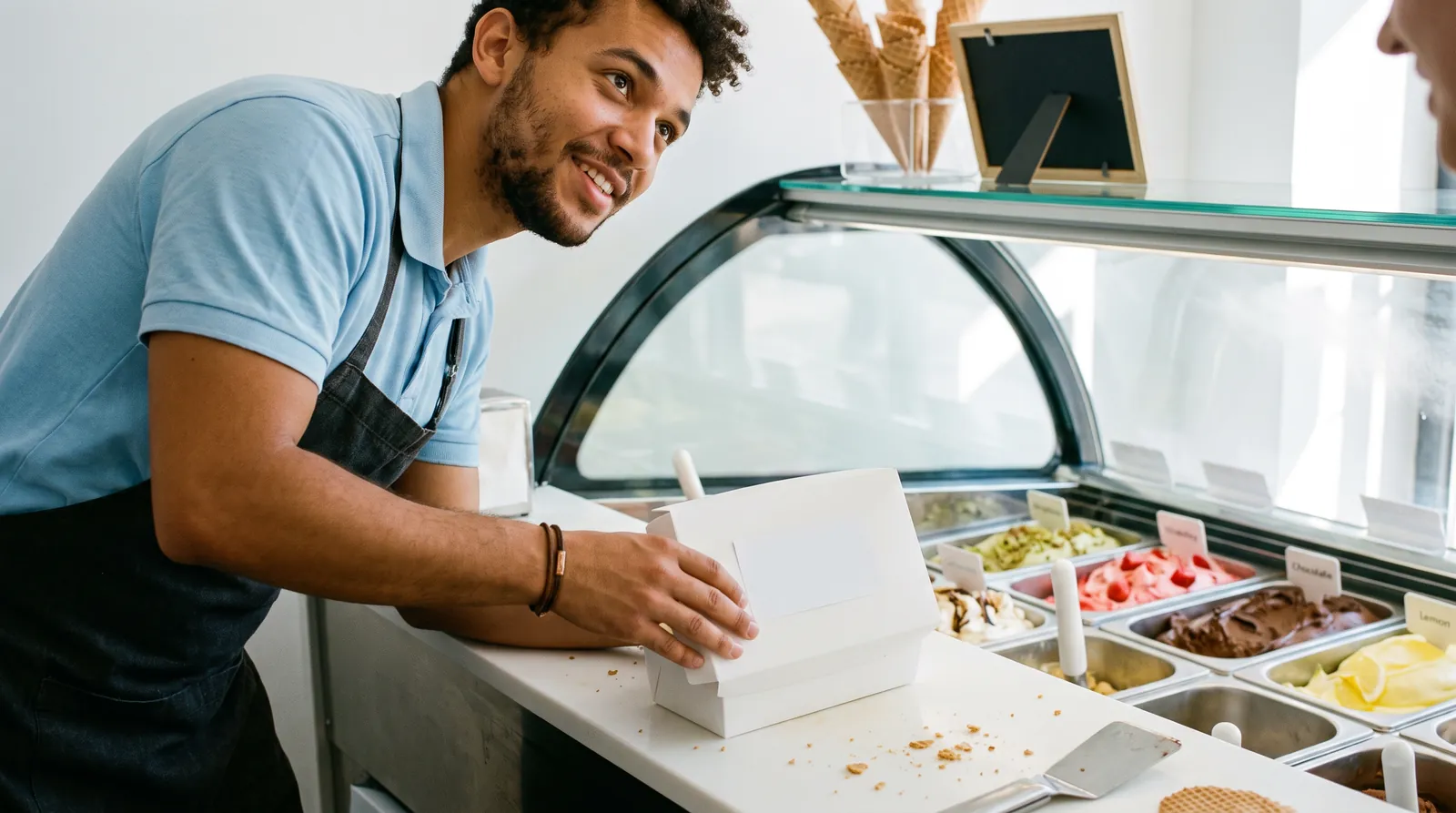 Un gelatier închide o cutie de înghețată la tejghea, cu eticheta pe față, lângă vitrina cu înghețată