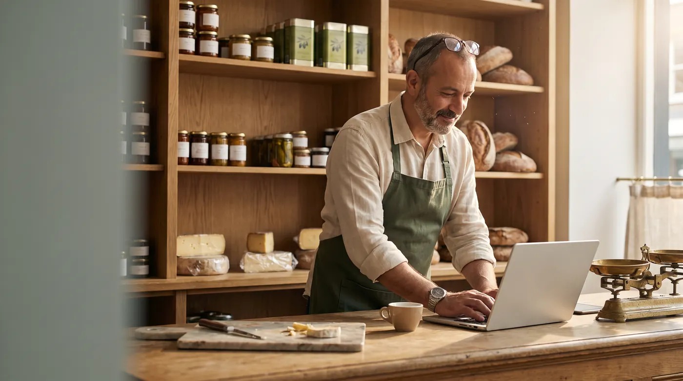 Proprietarul unei delicatese lucrează la laptop, la tejgheaua magazinului
